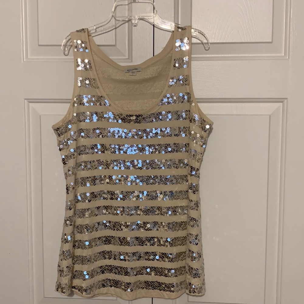 Garnet Hill women’s medium cream colored tank top with sequined stripes.